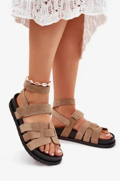 Eko Zamszowe Sandały Damskie Z Rzepami Ciemnobeżowe Valpera