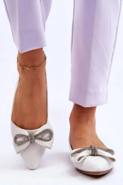 Eleganckie Baleriny Z Kokardą I Dżetami Białe One Time