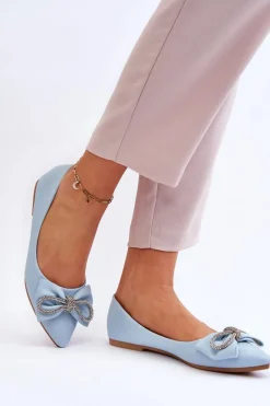 Eleganckie Baleriny Z Kokardą I Dżetami Niebieskie One Time