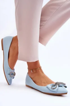 Eleganckie Baleriny Z Kokardą I Dżetami Niebieskie One Time