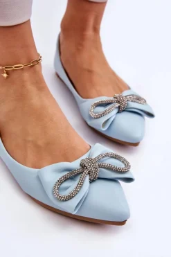 Eleganckie Baleriny Z Kokardą I Dżetami Niebieskie One Time
