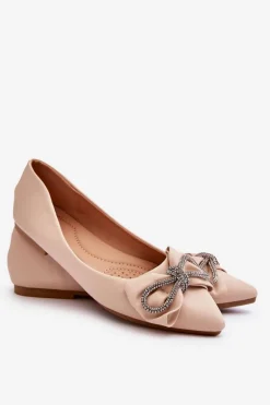 Eleganckie Baleriny Z Kokardą I Dżetami Beżowe One Time