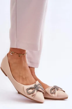 Eleganckie Baleriny Z Kokardą I Dżetami Beżowe One Time