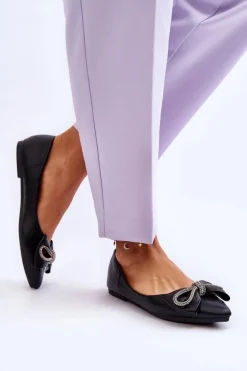 Eleganckie Baleriny Z Kokardą I Dżetami Czarne One Time