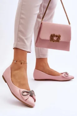 Eleganckie Baleriny Z Kokardą I Dżetami Różowe One Time