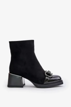 Eleganckie Botki Damskie Na Obcasie Z Ozdobą Czarne MR880-127