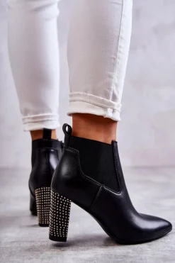 Eleganckie Botki Na Słupku Z Dżetami Czarne Elinor