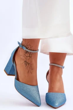 Eleganckie Błyszczące Czółenka Z Dżetami Niebieskie Magic