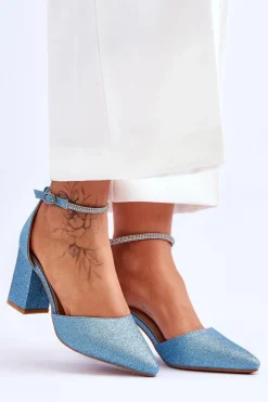 Eleganckie Błyszczące Czółenka Z Dżetami Niebieskie Magic