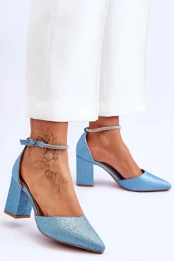 Eleganckie Błyszczące Czółenka Z Dżetami Niebieskie Magic
