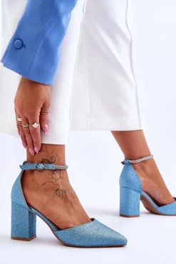 Eleganckie Błyszczące Czółenka Z Dżetami Niebieskie Magic