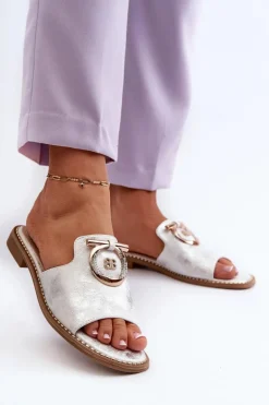 Eleganckie Błyszczące Klapki Damskie Z Ozdobą S.Barski KV27-032 Srebrne