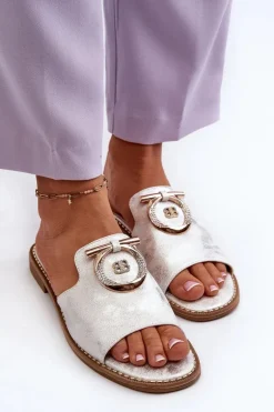 Eleganckie Błyszczące Klapki Damskie Z Ozdobą S.Barski KV27-032 Srebrne