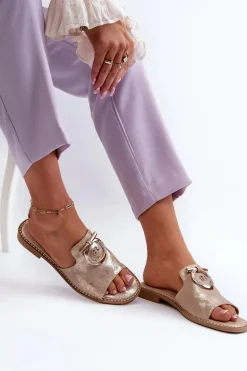 Eleganckie Błyszczące Klapki Damskie Z Ozdobą S.Barski KV27-032 Złote