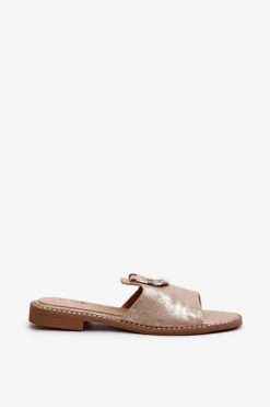 Eleganckie Błyszczące Klapki Damskie Z Ozdobą S.Barski KV27-032 Złote