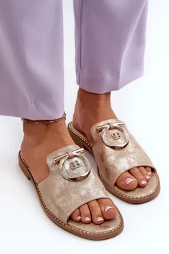 Eleganckie Błyszczące Klapki Damskie Z Ozdobą S.Barski KV27-032 Złote