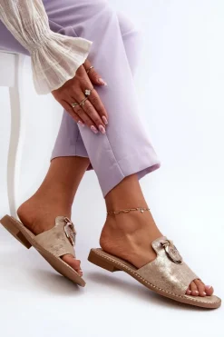 Eleganckie Błyszczące Klapki Damskie Z Ozdobą S.Barski KV27-032 Złote