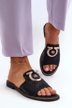 Eleganckie Błyszczące Klapki Damskie Z Ozdobą S.Barski KV27-032 Czarne