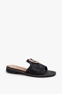 Eleganckie Błyszczące Klapki Damskie Z Ozdobą S.Barski KV27-032 Czarne