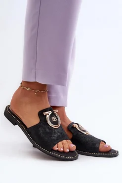 Eleganckie Błyszczące Klapki Damskie Z Ozdobą S.Barski KV27-032 Czarne