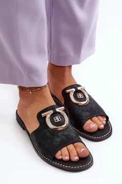 Eleganckie Błyszczące Klapki Damskie Z Ozdobą S.Barski KV27-032 Czarne