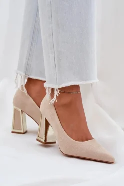 Eleganckie Czółenka Na Słupku Szpiczaste Noski Beżowe Falseki