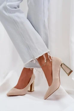 Eleganckie Czółenka Na Słupku Szpiczaste Noski Beżowe Falseki