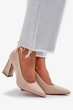 Eleganckie Czółenka Na Słupku Szpiczaste Noski Beżowe Falseki