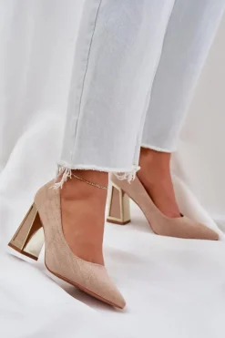 Eleganckie Czółenka Na Słupku Szpiczaste Noski Ciemnobeżowe Falseki