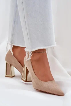 Eleganckie Czółenka Na Słupku Szpiczaste Noski Ciemnobeżowe Falseki