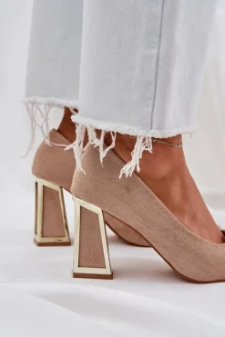 Eleganckie Czółenka Na Słupku Szpiczaste Noski Ciemnobeżowe Falseki