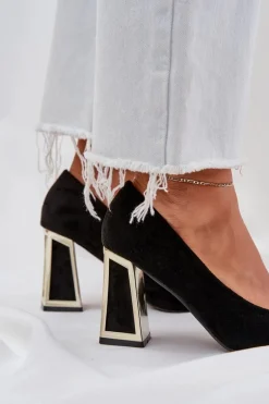 Eleganckie Czółenka Na Słupku Szpiczaste Noski Czarne Falseki