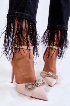 Eleganckie Czółenka Na Szpilce Z Kokardą Beżowe Hettie