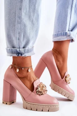 Eleganckie Czółenka Z Ozdobą Gładkie Różowo-Beżowe Caterine