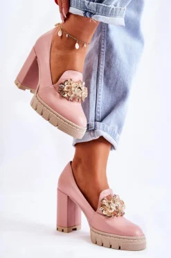 Eleganckie Czółenka Z Ozdobą Gładkie Różowo-Beżowe Caterine