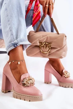 Eleganckie Czółenka Z Ozdobą Gładkie Różowo-Beżowe Caterine