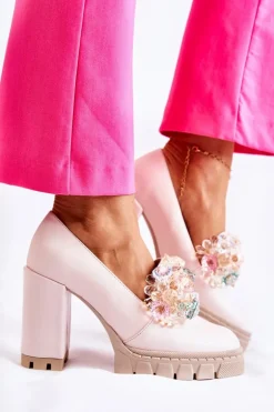 Eleganckie Czółenka Z Ozdobą Gładkie Jasnoróżowe Caterine