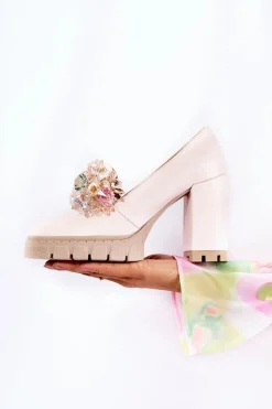 Eleganckie Czółenka Z Ozdobą Gładkie Jasnoróżowe Caterine