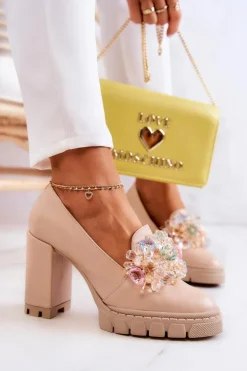 Eleganckie Czółenka Z Ozdobą Gładkie Beżowe Caterine