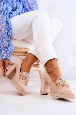 Eleganckie Czółenka Z Ozdobą Gładkie Beżowe Caterine