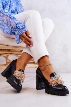 Eleganckie Czółenka Z Ozdobą Wężowe Czarne Caterine