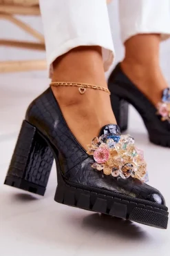 Eleganckie Czółenka Z Ozdobą Wężowe Czarne Caterine