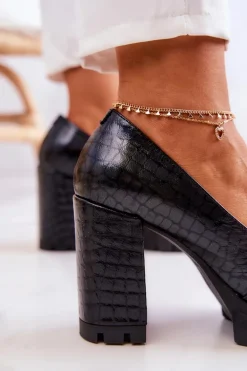 Eleganckie Czółenka Z Ozdobą Wężowe Czarne Caterine