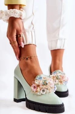 Eleganckie Czółenka Z Ozdobą Gładkie Zielone Caterine - Czarna Podeszwa