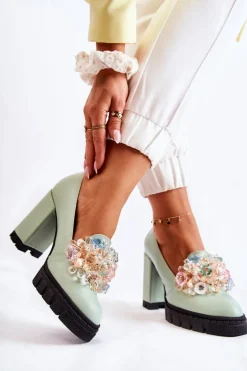 Eleganckie Czółenka Z Ozdobą Gładkie Zielone Caterine - Czarna Podeszwa