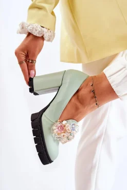 Eleganckie Czółenka Z Ozdobą Gładkie Zielone Caterine - Czarna Podeszwa