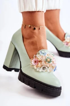 Eleganckie Czółenka Z Ozdobą Gładkie Zielone Caterine - Czarna Podeszwa