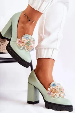 Eleganckie Czółenka Z Ozdobą Gładkie Zielone Caterine - Czarna Podeszwa