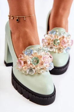 Eleganckie Czółenka Z Ozdobą Gładkie Zielone Caterine - Czarna Podeszwa