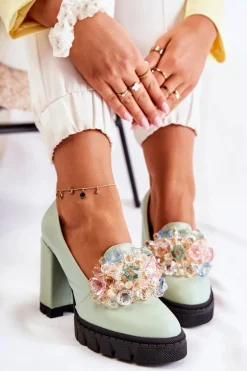 Eleganckie Czółenka Z Ozdobą Gładkie Zielone Caterine - Czarna Podeszwa